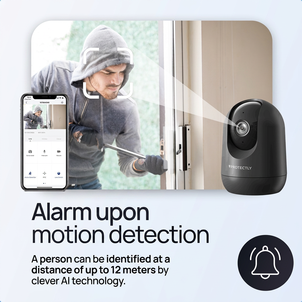 Beveiligingscamera detecteert inbreker met AI en stuurt alarm naar smartphone.