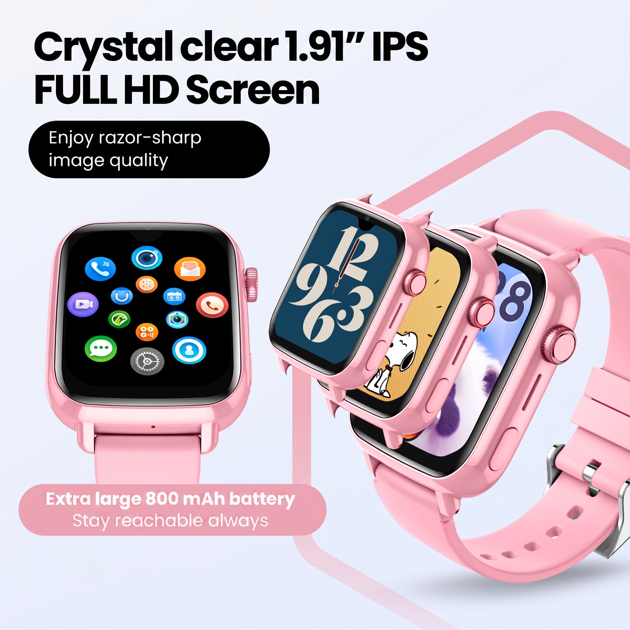 Roze smartwatch met groot HD-scherm en app-iconen op een lichte achtergrond.