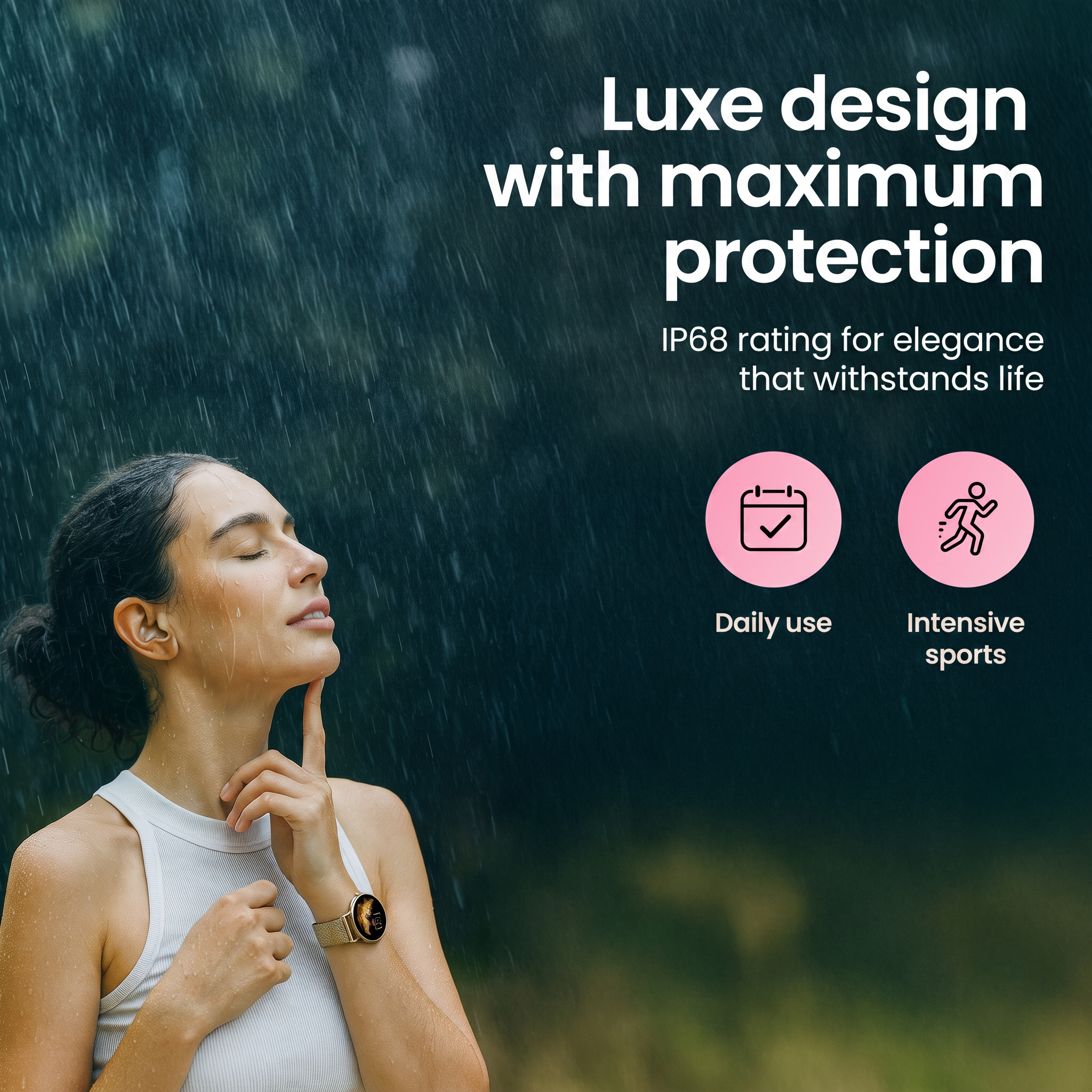 Een vrouw met een gouden smartwatch staat in de regen met gesloten ogen, vergezeld van promotietekst.