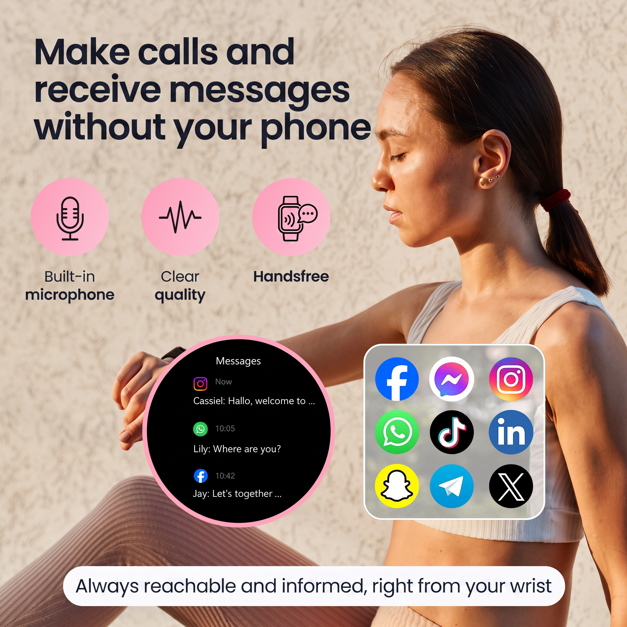 Een vrouw in sportkleding kijkt naar haar smartwatch met meldingen en tekst over oproepen.