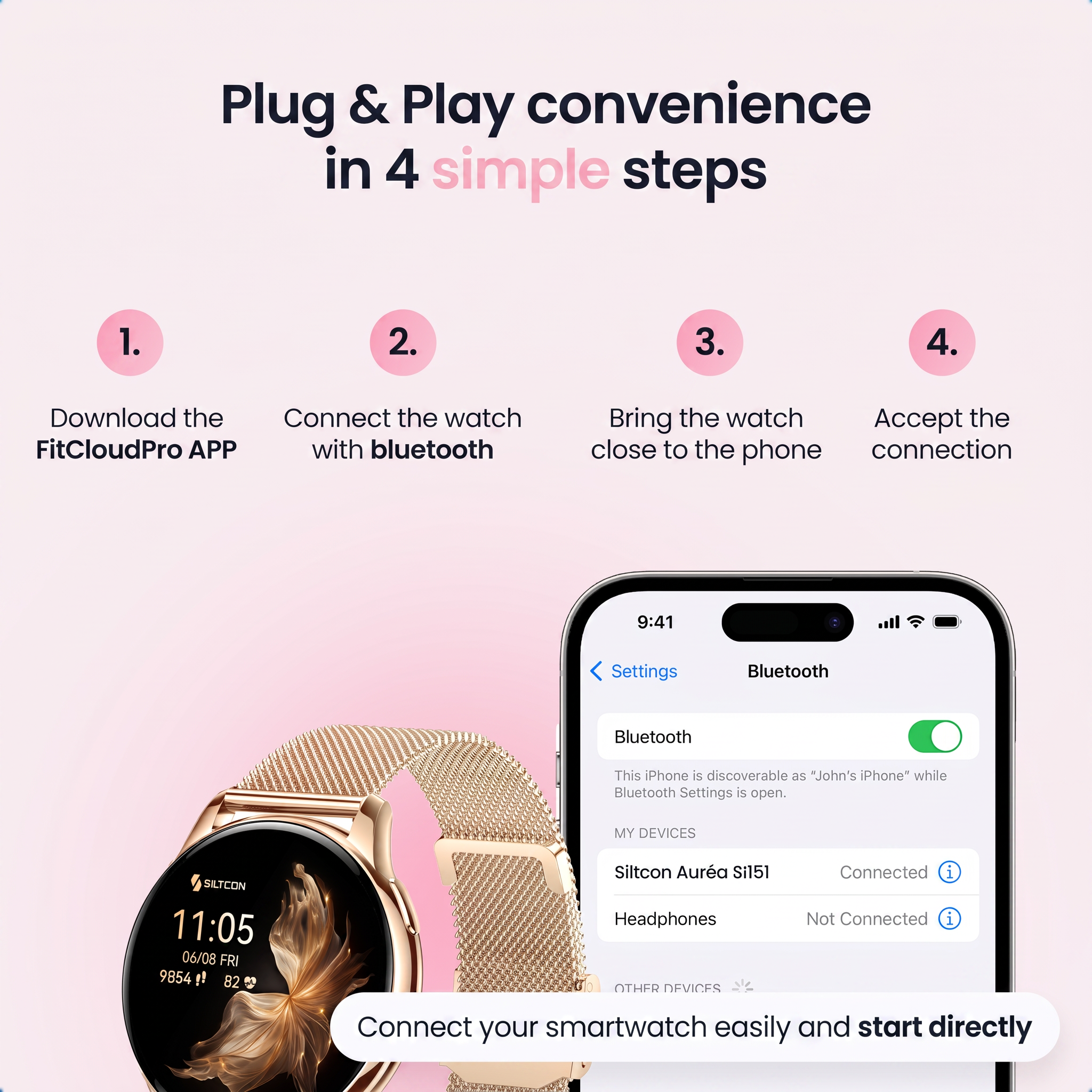 Handleiding in 4 stappen om een smartwatch via bluetooth met een smartphone te verbinden.