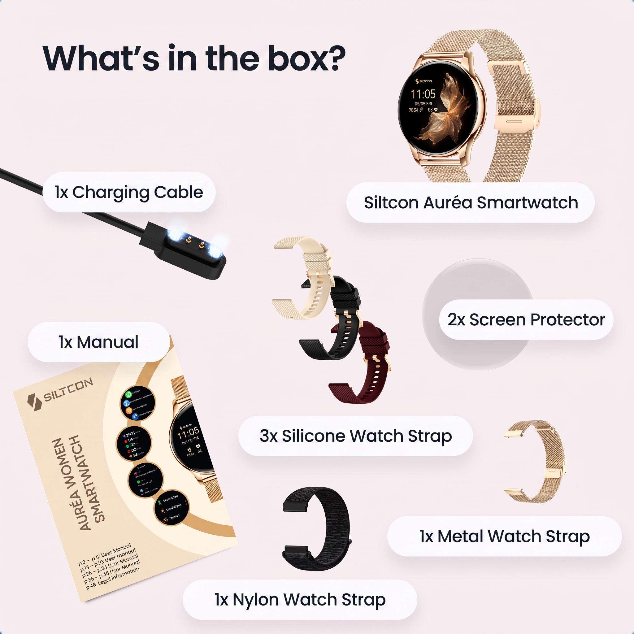 Inhoud van de doos: een smartwatch, bandjes, oplaadkabel, screenprotectors en een handleiding.