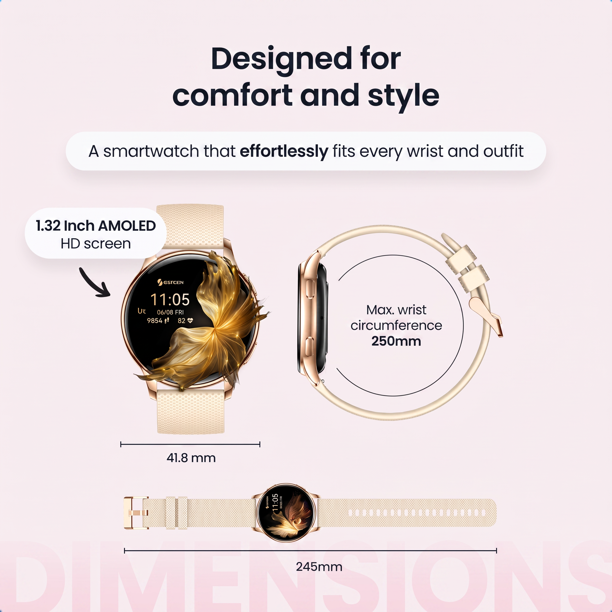 Technische tekening en weergaven van een gouden smartwatch met afmetingen van 41.8mm en 245mm.