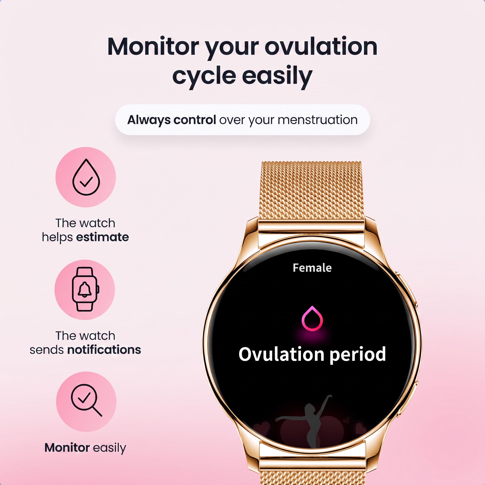 Gouden smartwatch met ovulatietrackingfunctie op roze achtergrond met tekst.