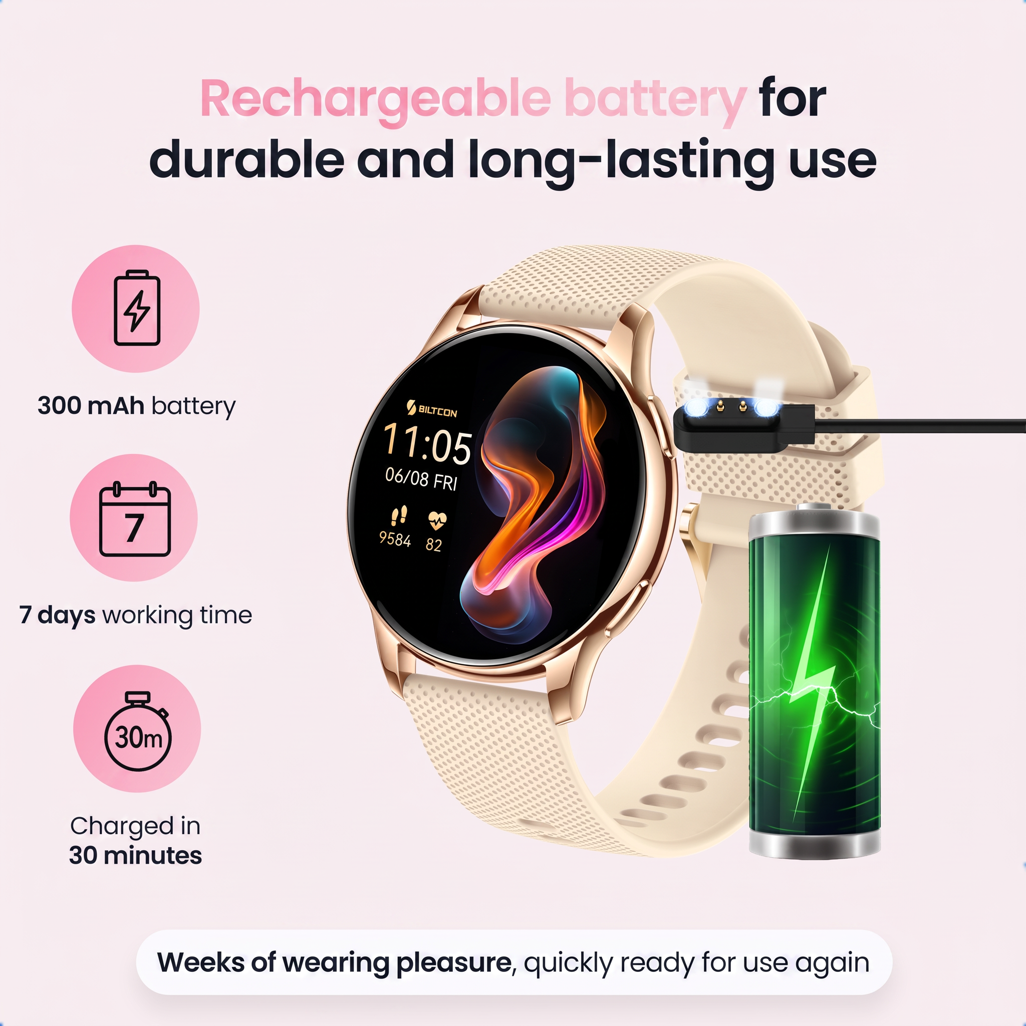 Een gouden smartwatch met beige bandje, magnetische lader en batterij-info op een roze achtergrond.