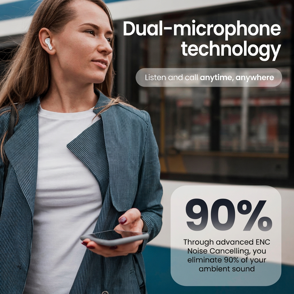 Eine Frau mit Ohrhörern hält ein Smartphone. Text im Bild wirbt für Dual-Mikrofon-Technologie und Rauschunterdrückung.