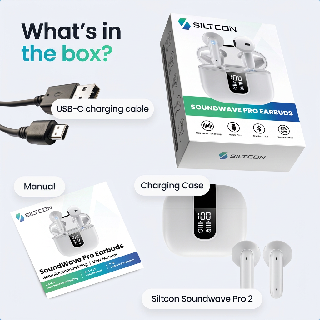 Siltcon Soundwave Pro 2 Ohrstöpsel Box, Ladeetui, USB-C-Kabel und Handbuch vor hellem Hintergrund.