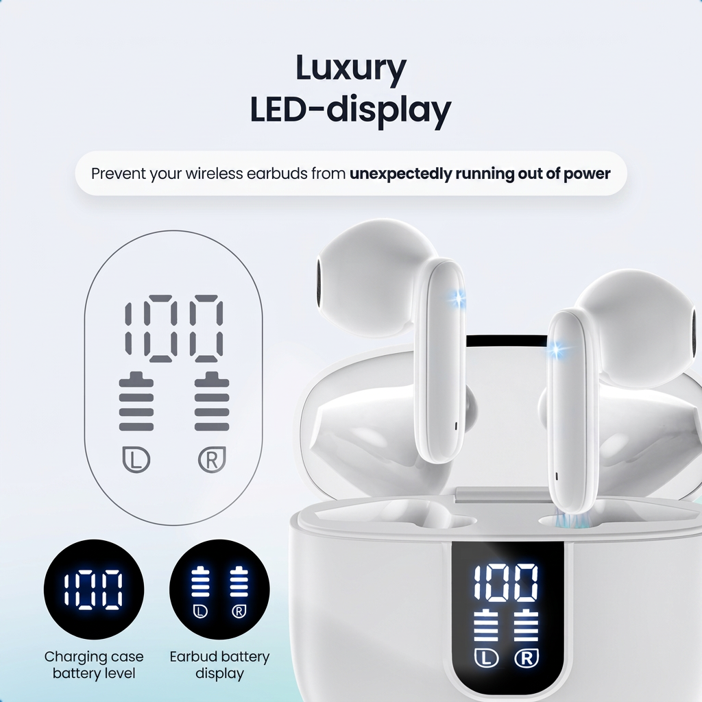 Luxuriöse LED-Anzeige zeigt den Akkustand für weiße kabellose Ohrhörer und das Ladeetui.