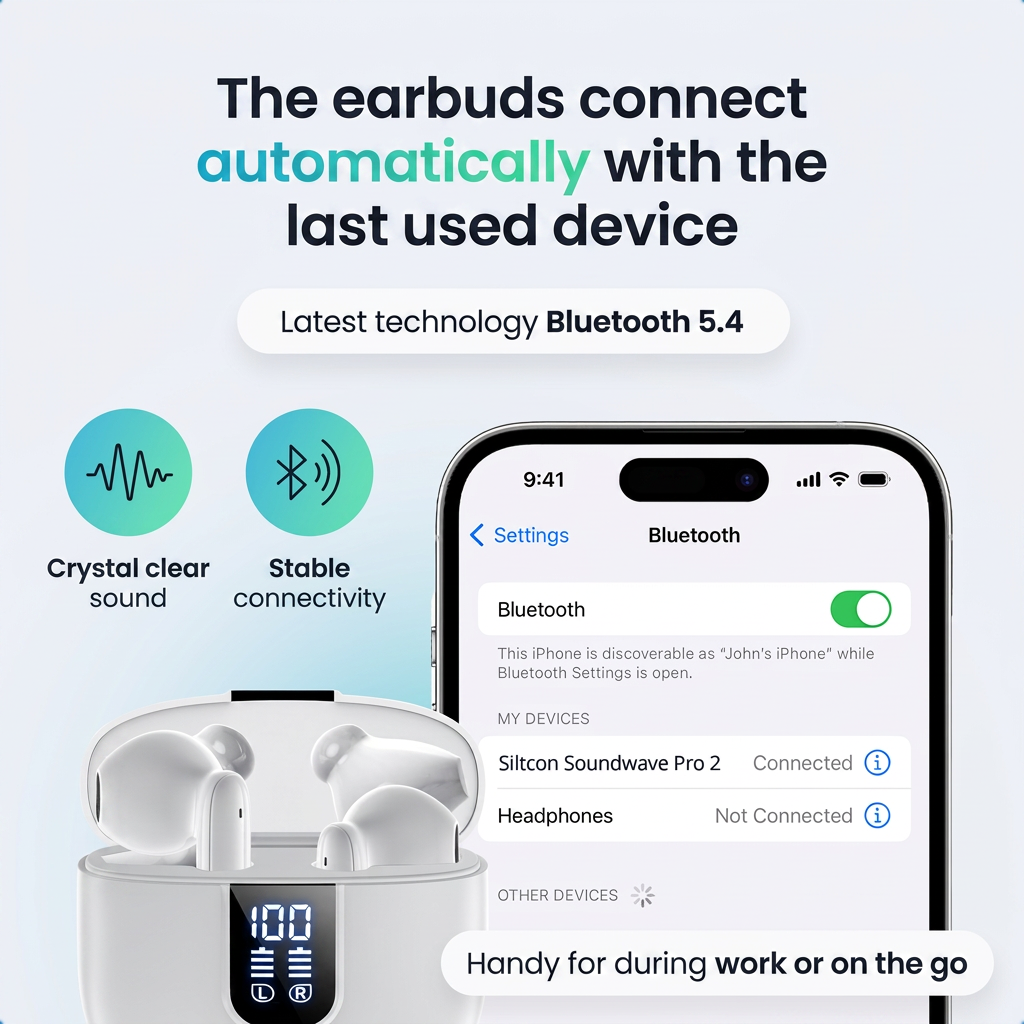 Werbebild für Bluetooth-Ohrhörer mit automatischer Verbindung und Smartphone-Display.