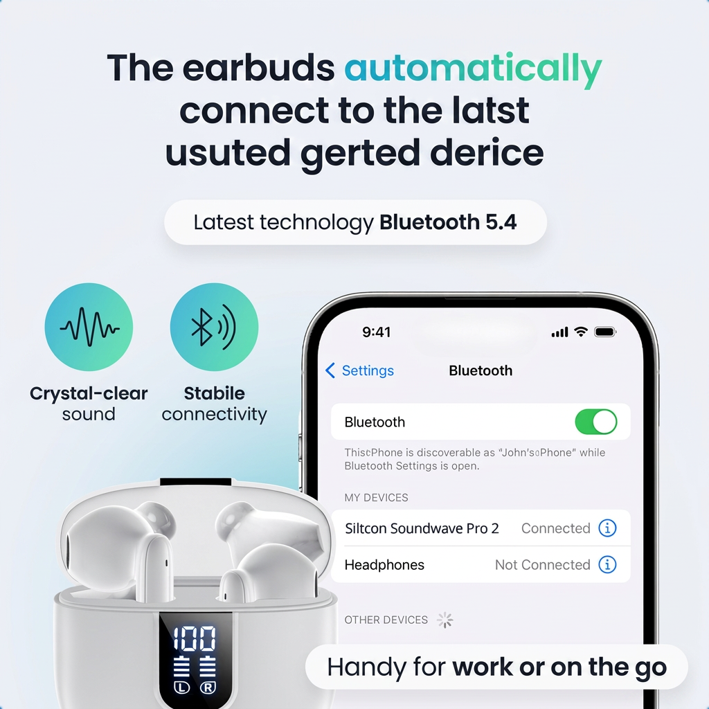 Bluetooth 5.4 Ohrhörer mit Ladecase und Smartphone-Bildschirm.