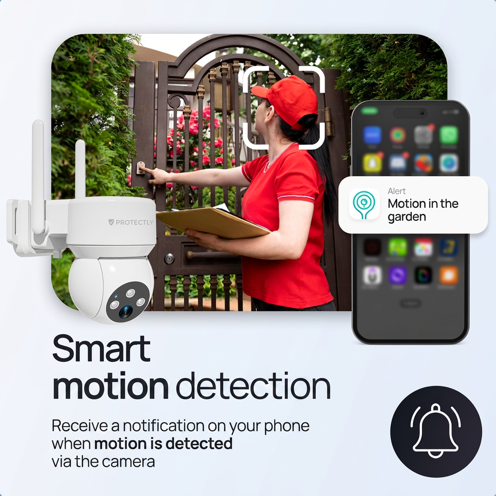 Een witte beveiligingscamera, iemand bij een poort en een smartphone met bewegingsmelding.