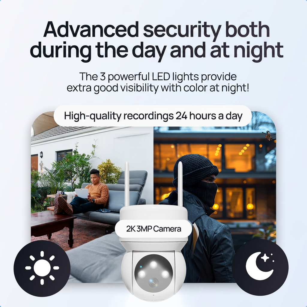 Advertentie voor 2K 3MP beveiligingscamera met dag- en nachtzicht en LED-lampjes.