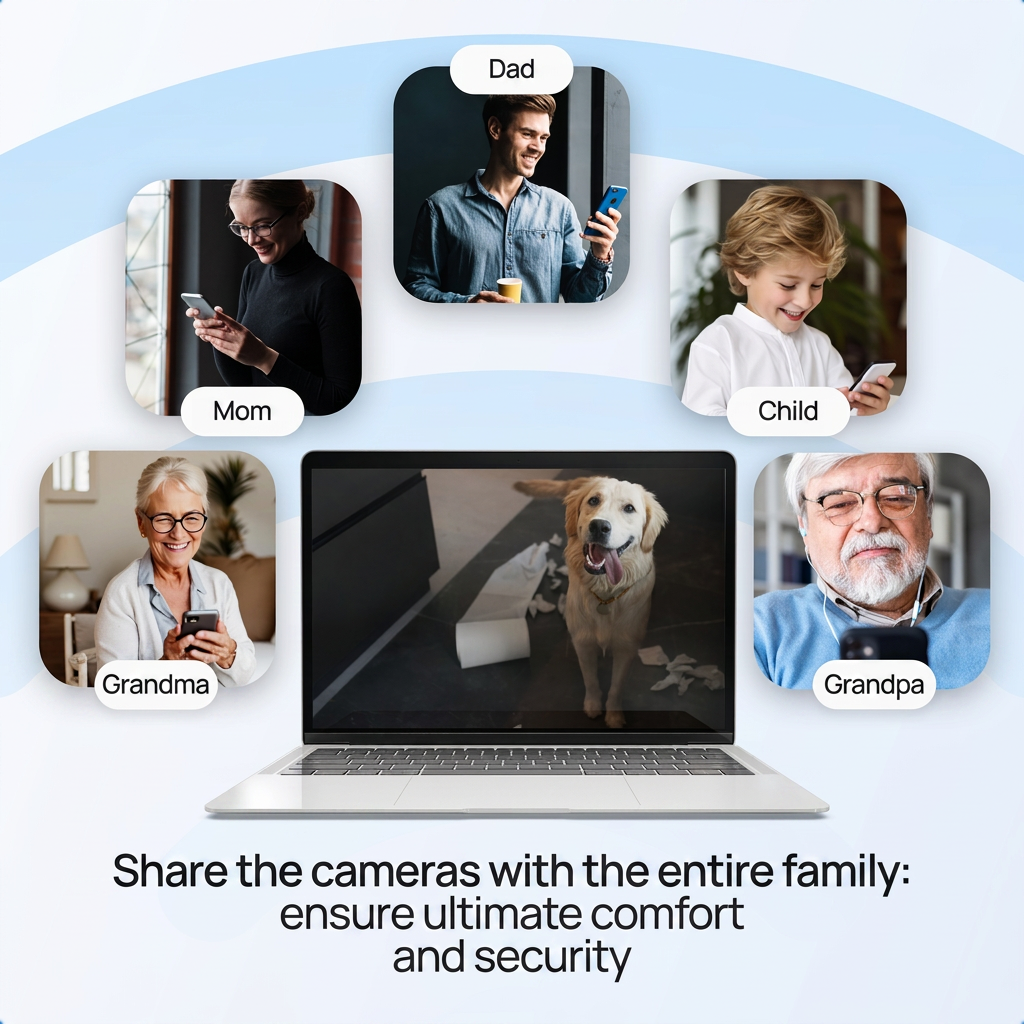 Laptop toont een hond, omringd door afbeeldingen van familiez Leden met telefoons.