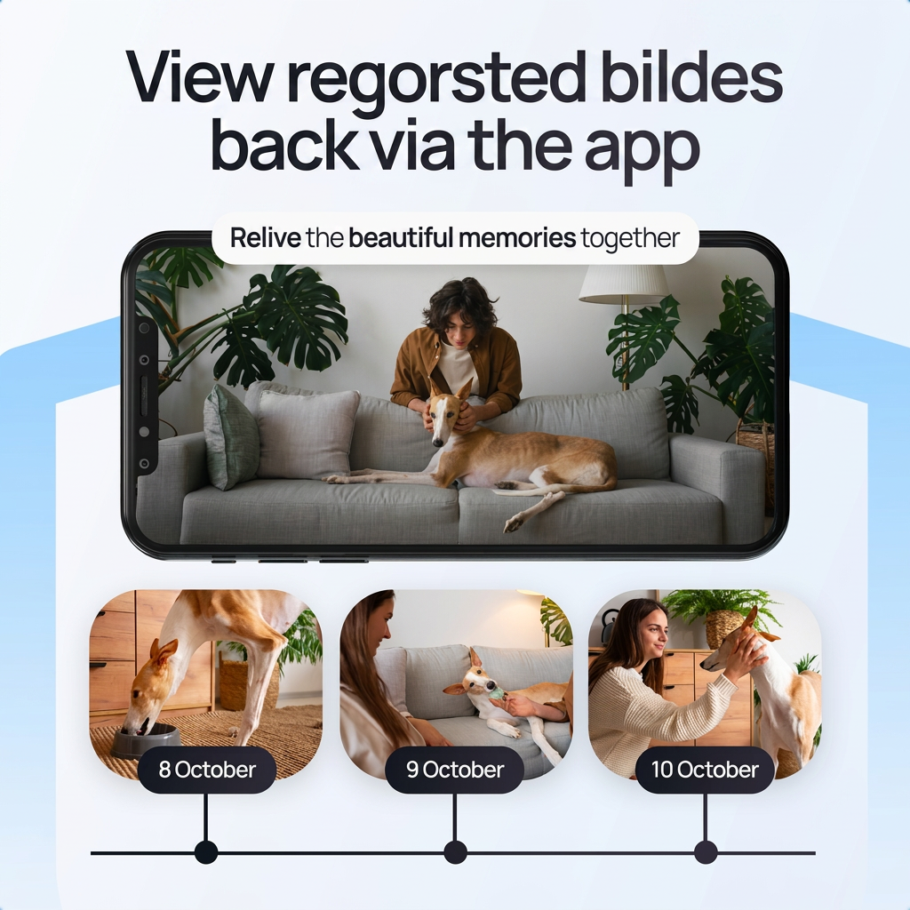 App-interface toont een herinneringstijdlijn met foto's van een persoon en hun hond.