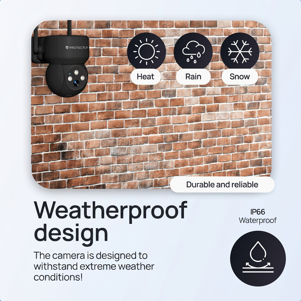 Een zwarte beveiligingscamera op een bakstenen muur benadrukt het weerbestendige ontwerp.
