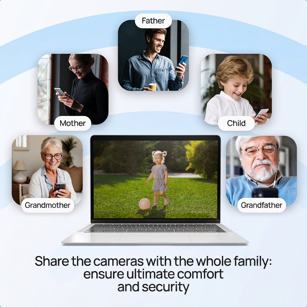 Een laptop toont een kind in een tuin, omringd door foto's van familieleden met smartphones.