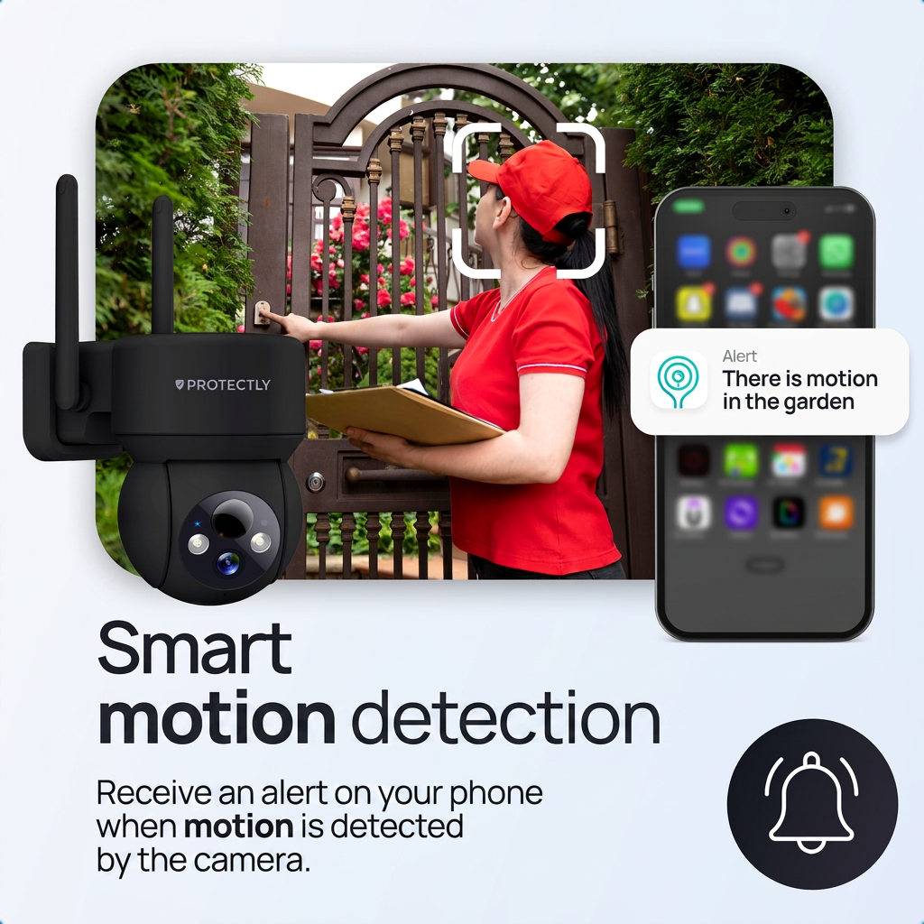 Beveiligingscamera en smartphone met bewegingsmelding voor een tuinhek.