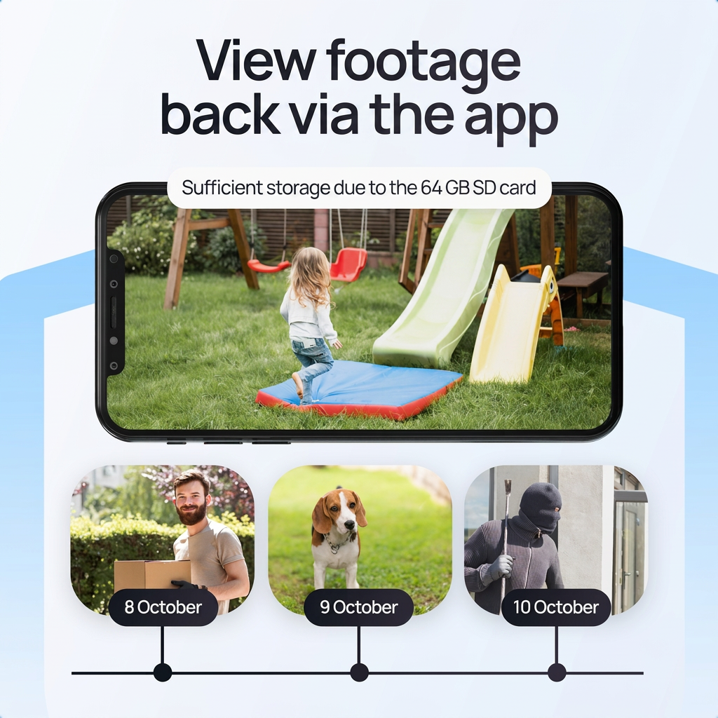 Smartphone toont app met beelden van spelend kind, bezorger, hond en inbreker.