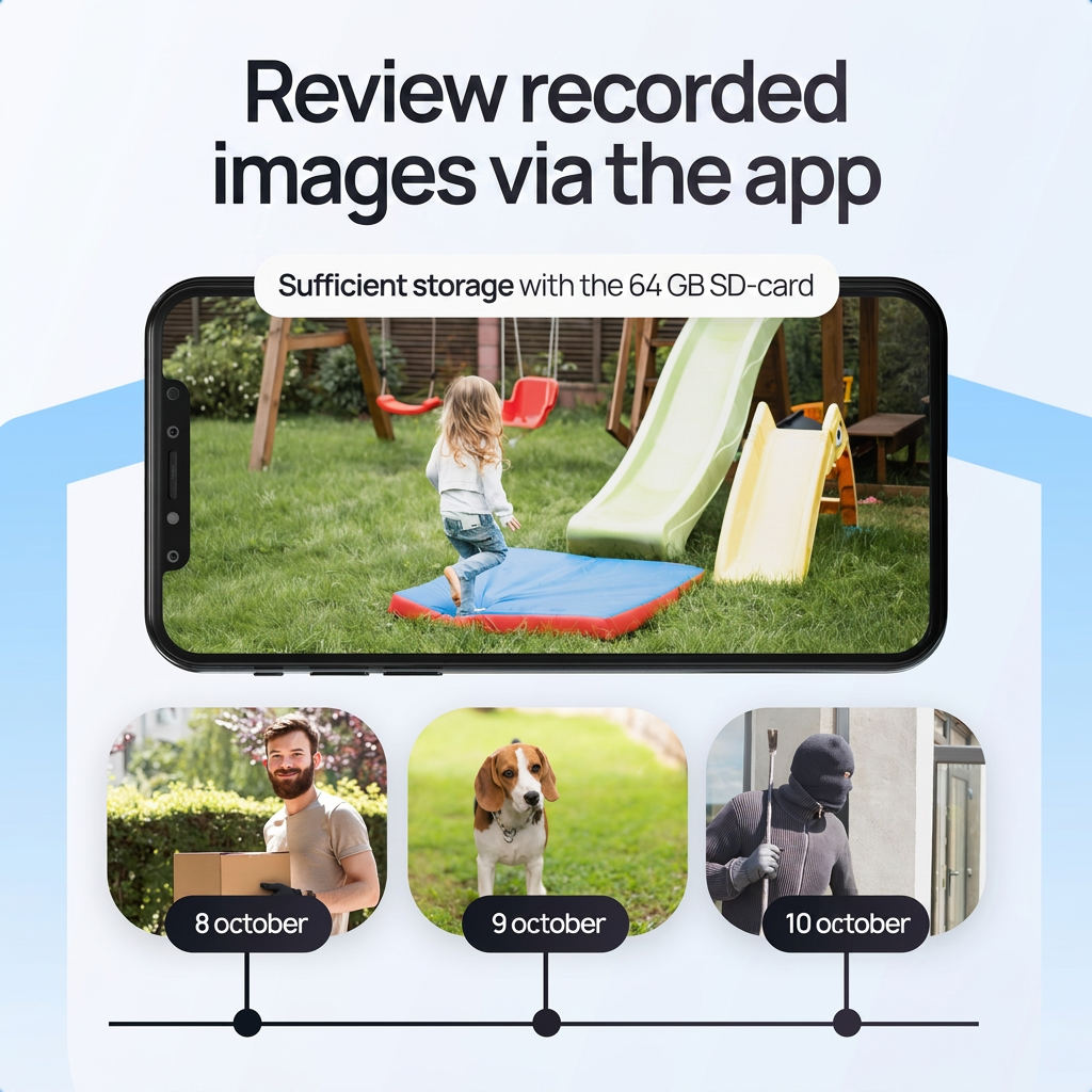 Smartphone toont app-interface met camerabeelden en opslagmelding.