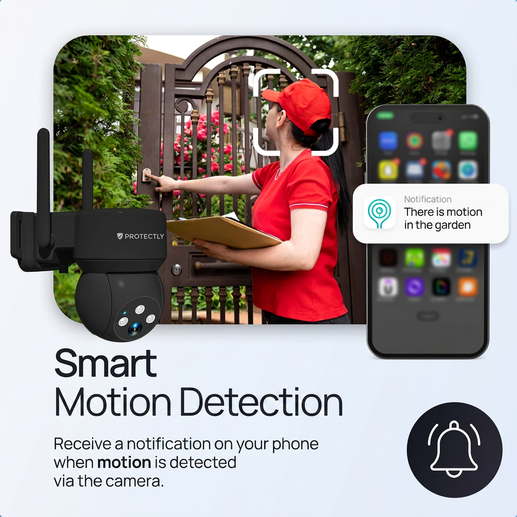 Beveiligingscamera en smartphone met bewegingsmelding naast een persoon bij een poort.