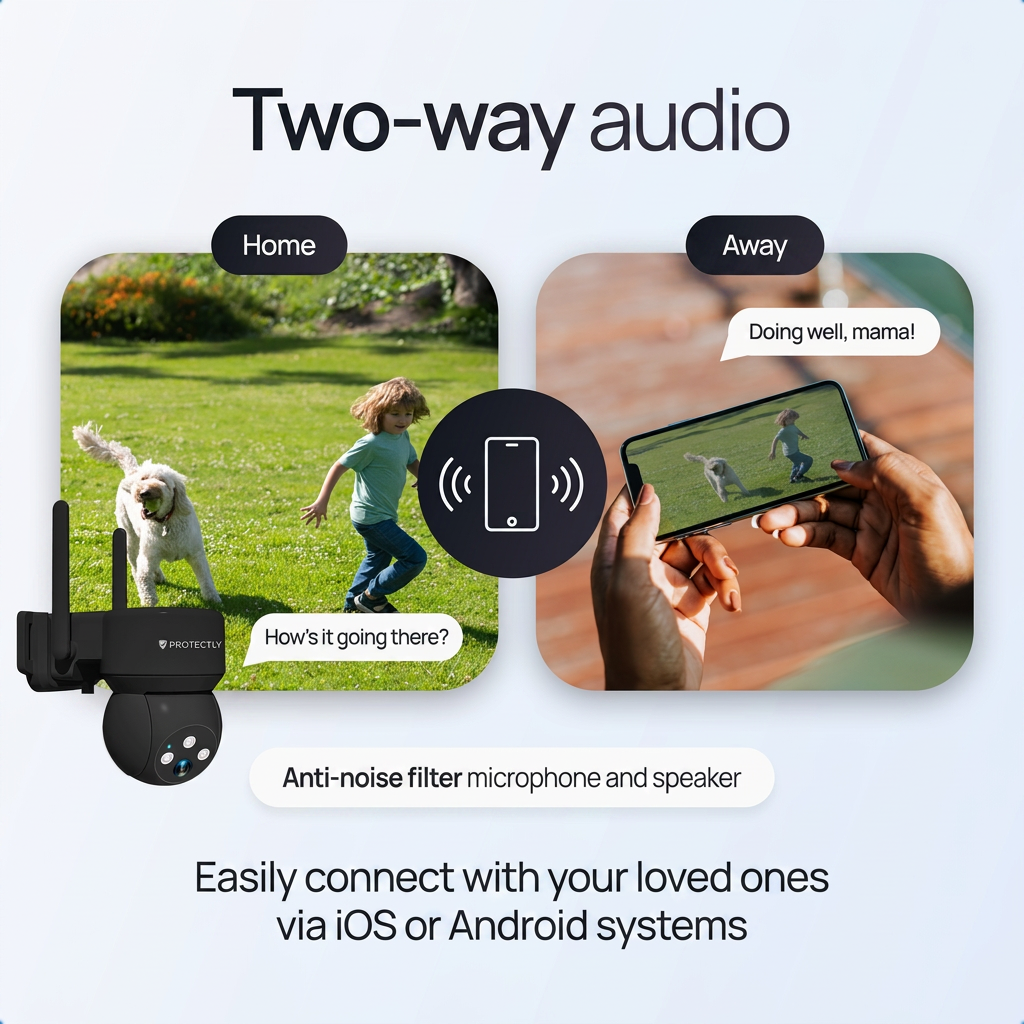 Beveiligingscamera met tweerichtingsaudio, toont kind en hond thuis bewaakt via smartphone.