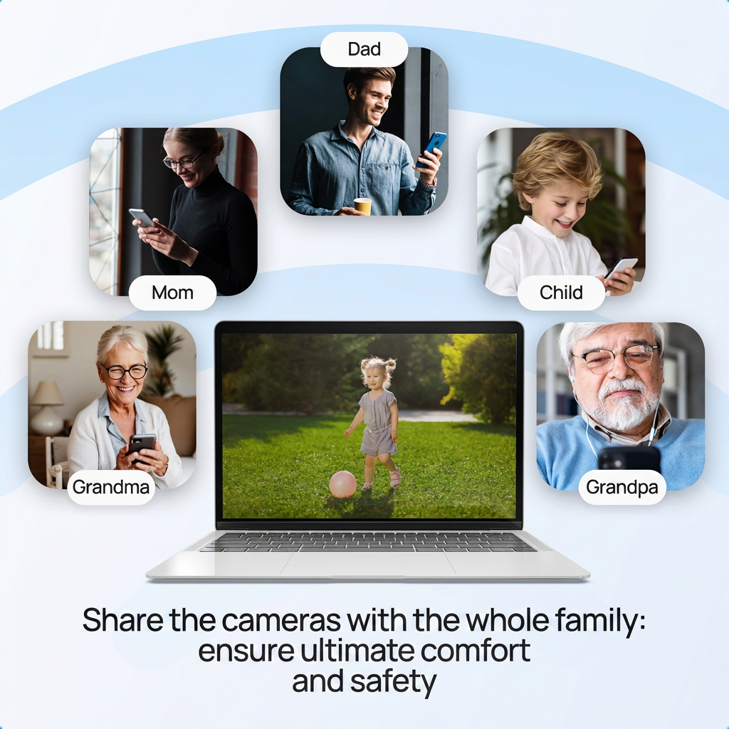 Laptop met een kind op het gras op het scherm, omringd door foto's van familieleden met smartphones.