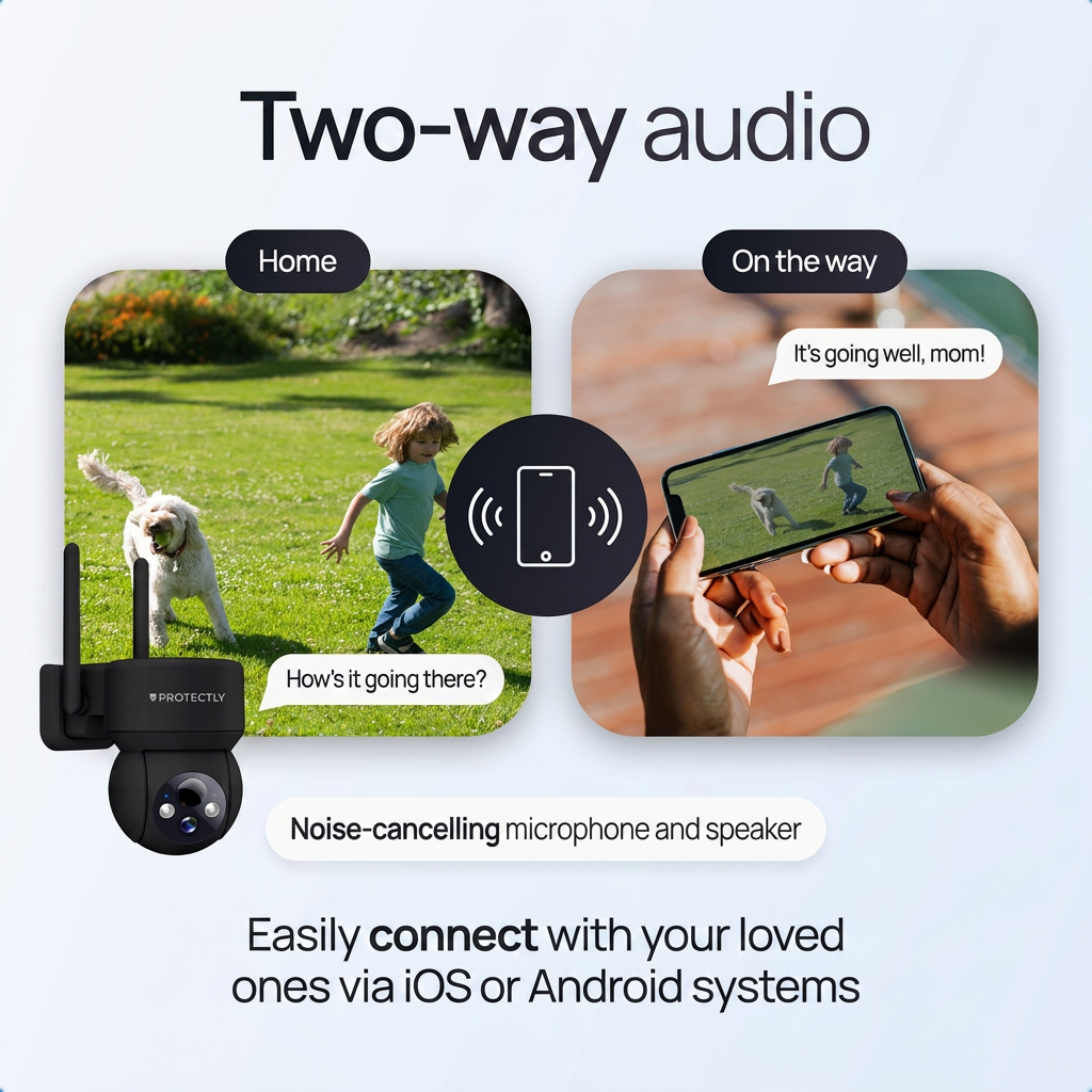 Tweeweg-audiofunctie van een beveiligingscamera met smartphoneverbinding.