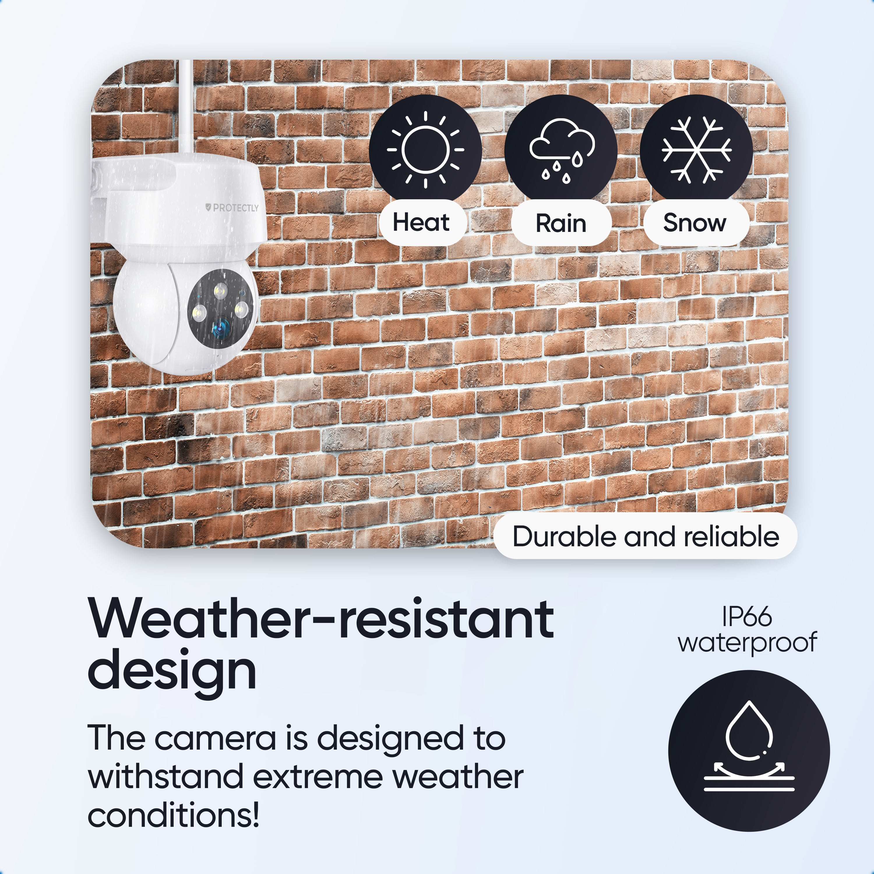 Weerbestendige beveiligingscamera op een bakstenen muur met hitte-, regen- en sneeuwpictogrammen.