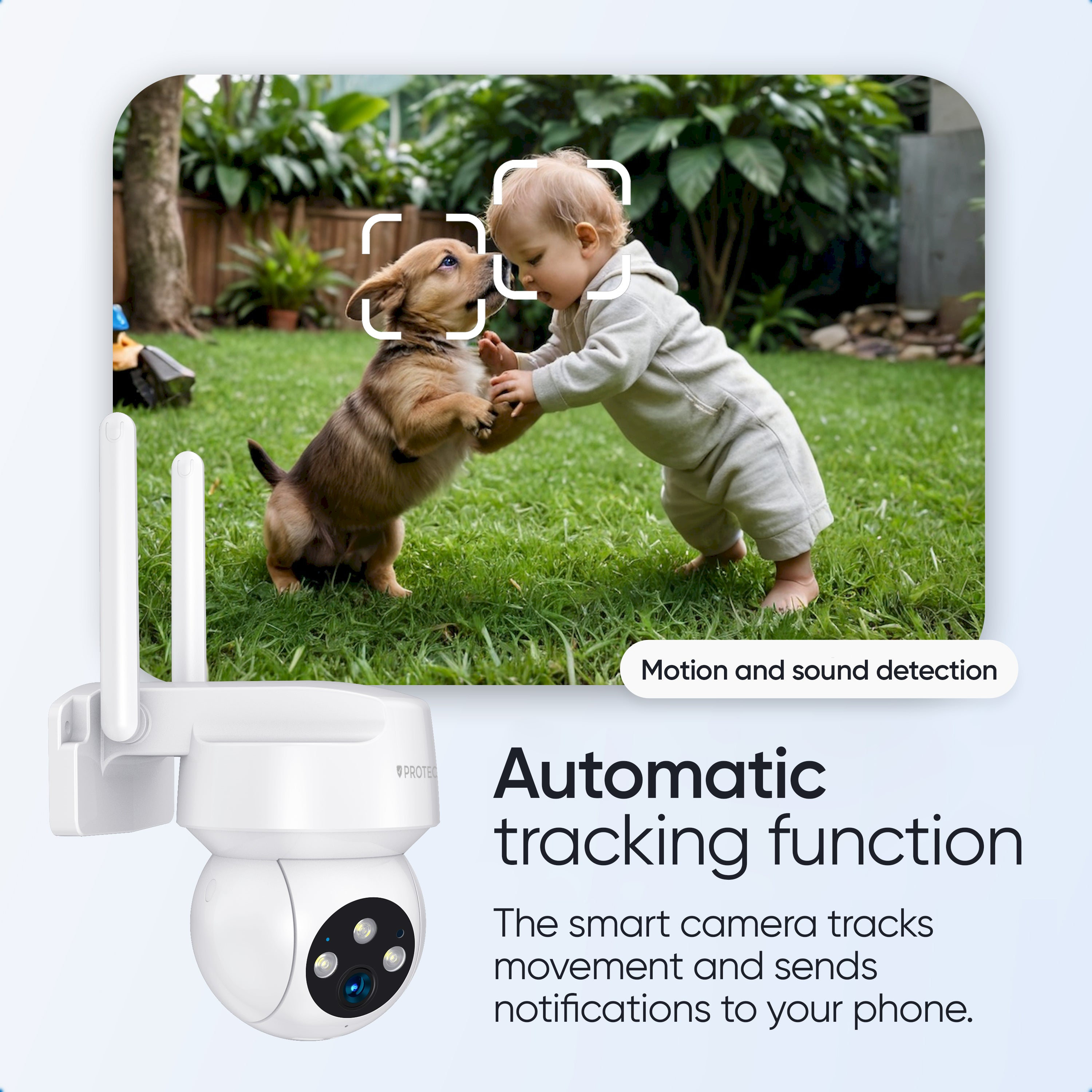 Beveiligingscamera met twee antennes en tekst over automatische tracking van een baby en hond.