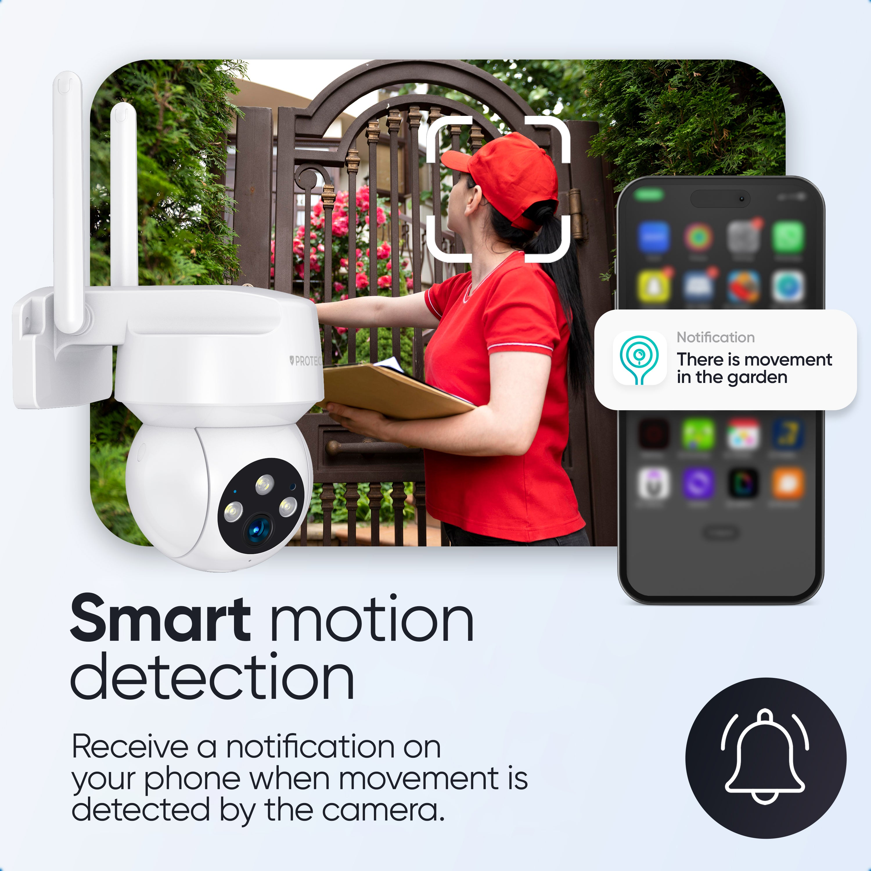 Beveiligingscamera en smartphone tonen bewegingsdetectie in de tuin.
