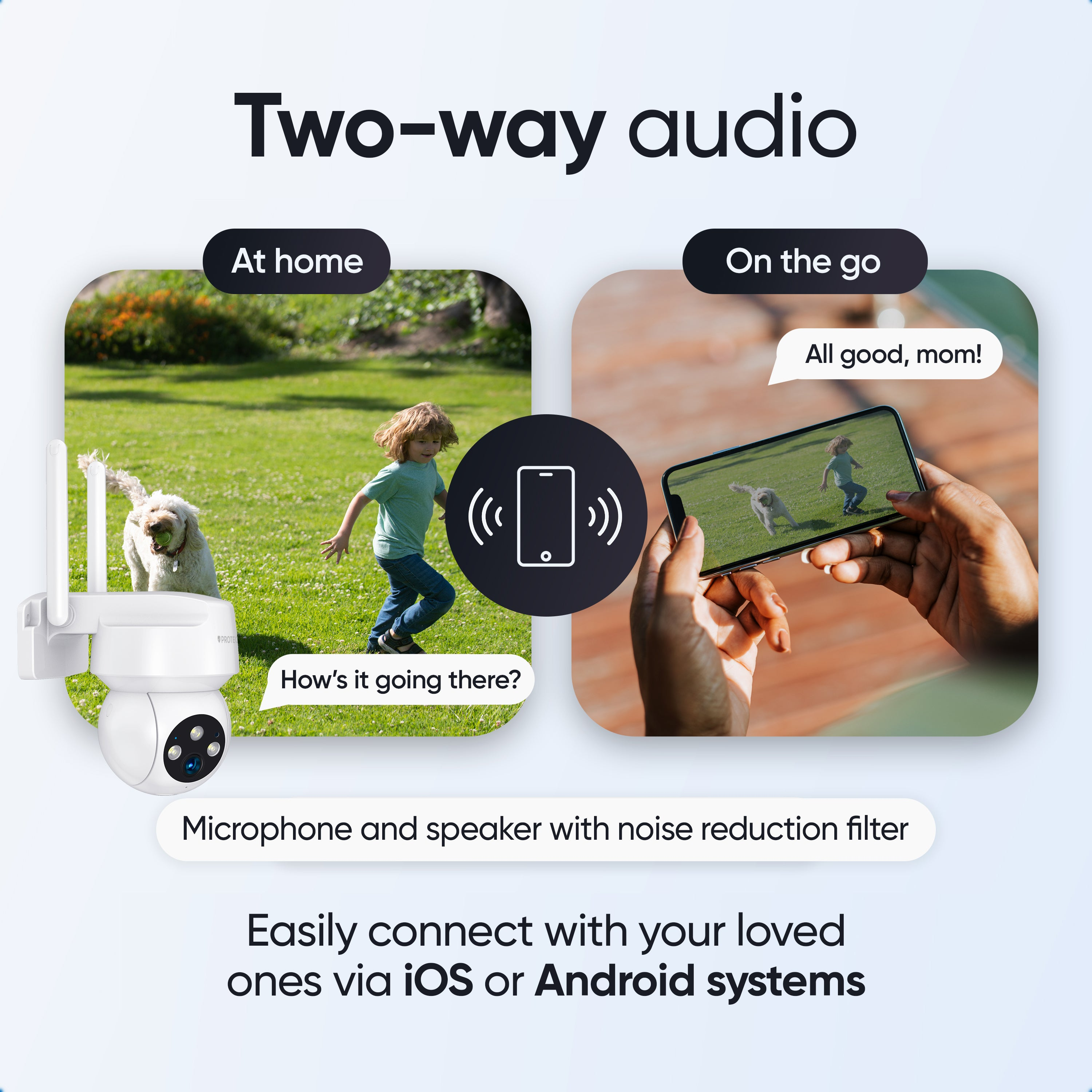 Tweeweg-audiocamera toont kind en hond in een tuin, bewaakt via een smartphone.