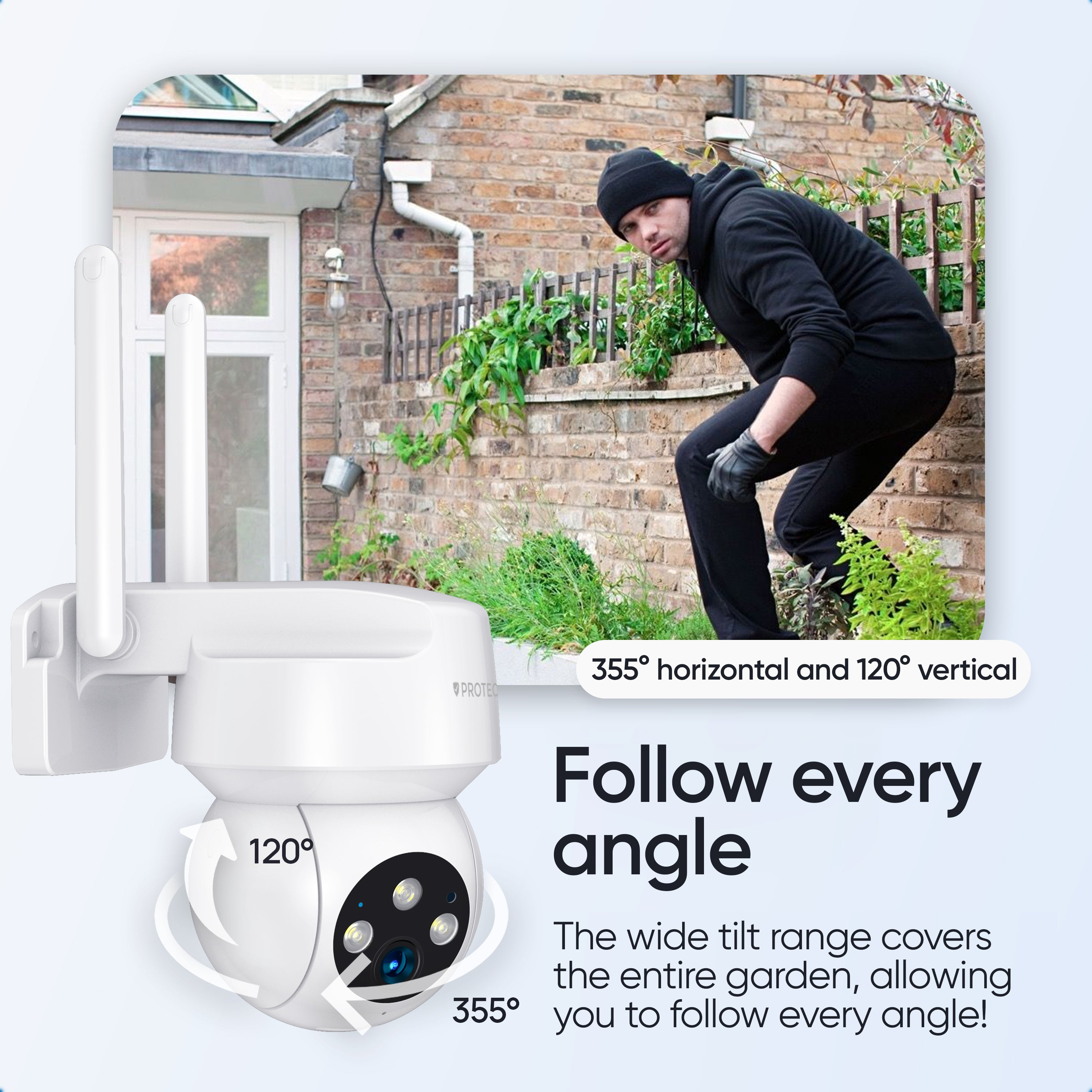 Een witte beveiligingscamera staat links, terwijl een persoon in het zwart door een tuin sluipt.