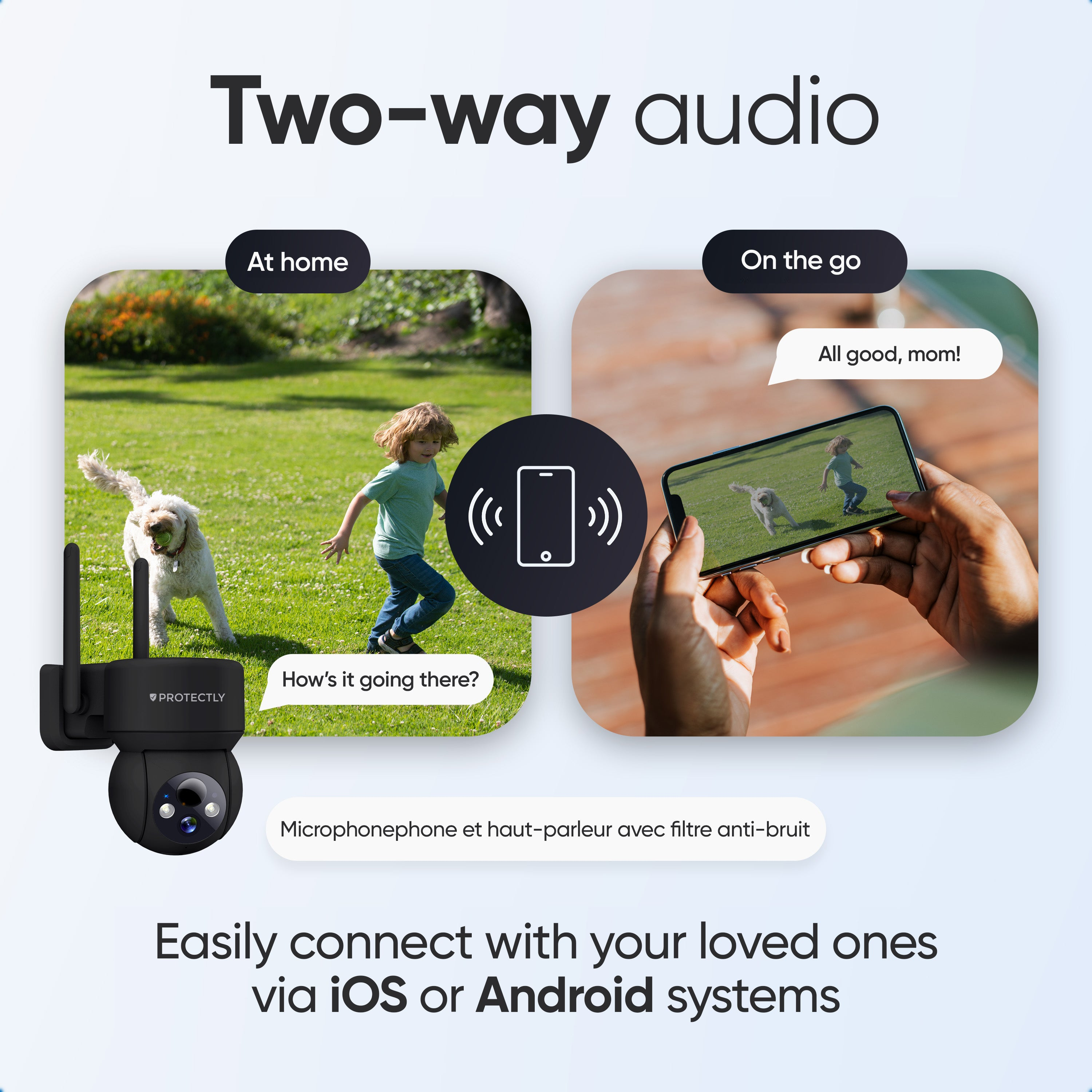 Tweeweg audio beveiligingscamerafunctie die communicatie thuis en onderweg demonstreert.