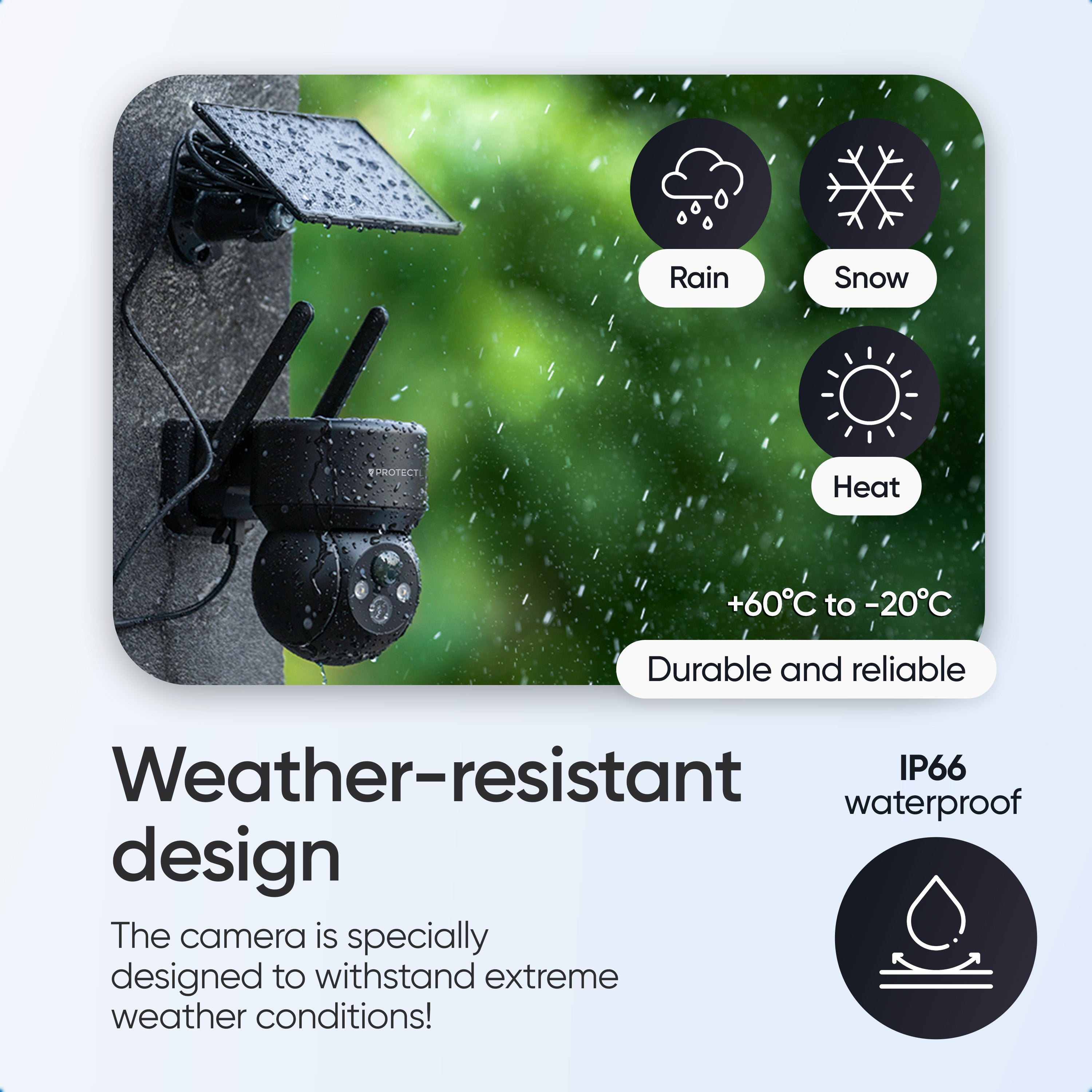 Weerbestendige beveiligingscamera met zonnepaneel in de regen, met pictogrammen voor regen, sneeuw en hitte.
