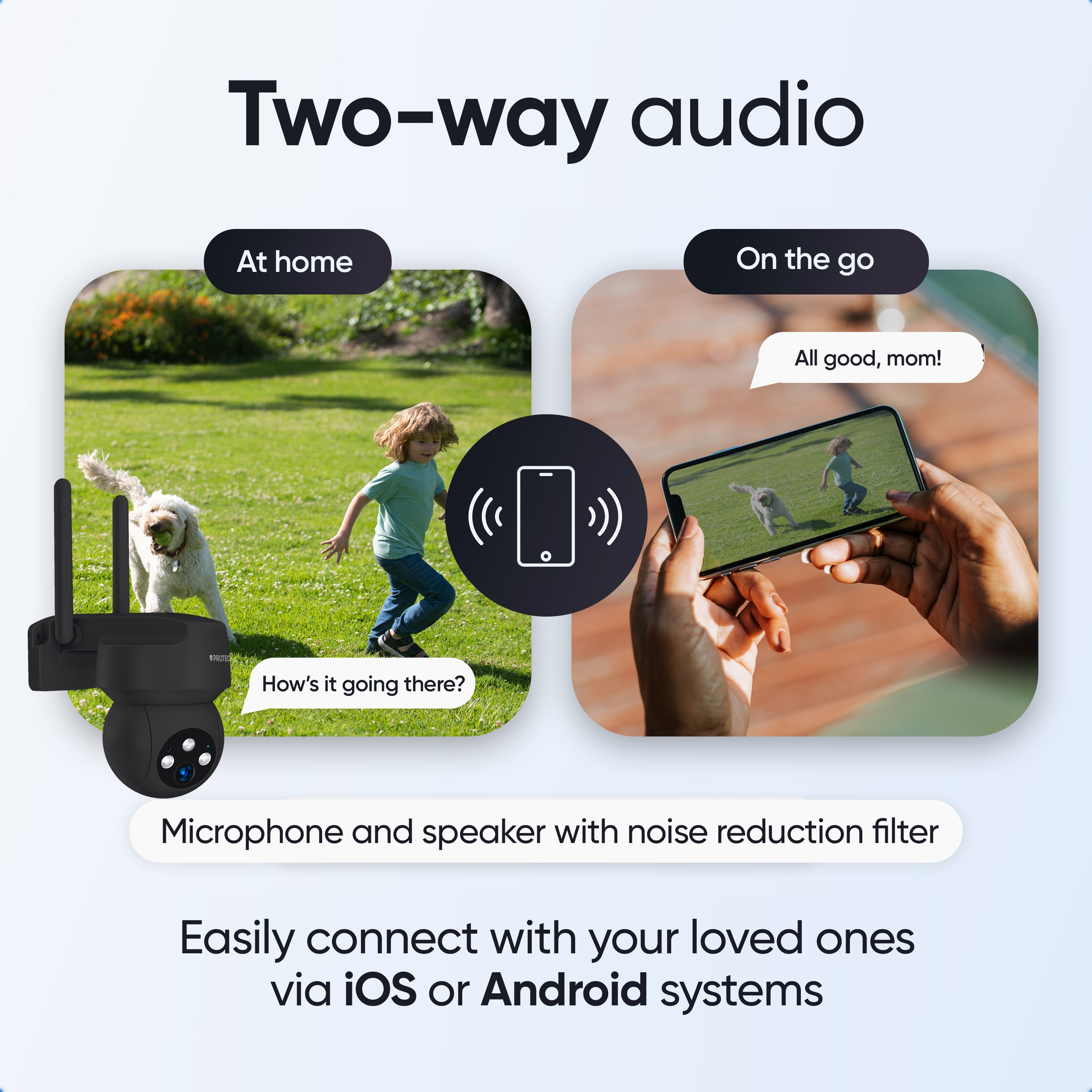 Reclame voor een beveiligingscamera met tweewegaudio die een kind met hond verbindt met een ouder op een telefoon.