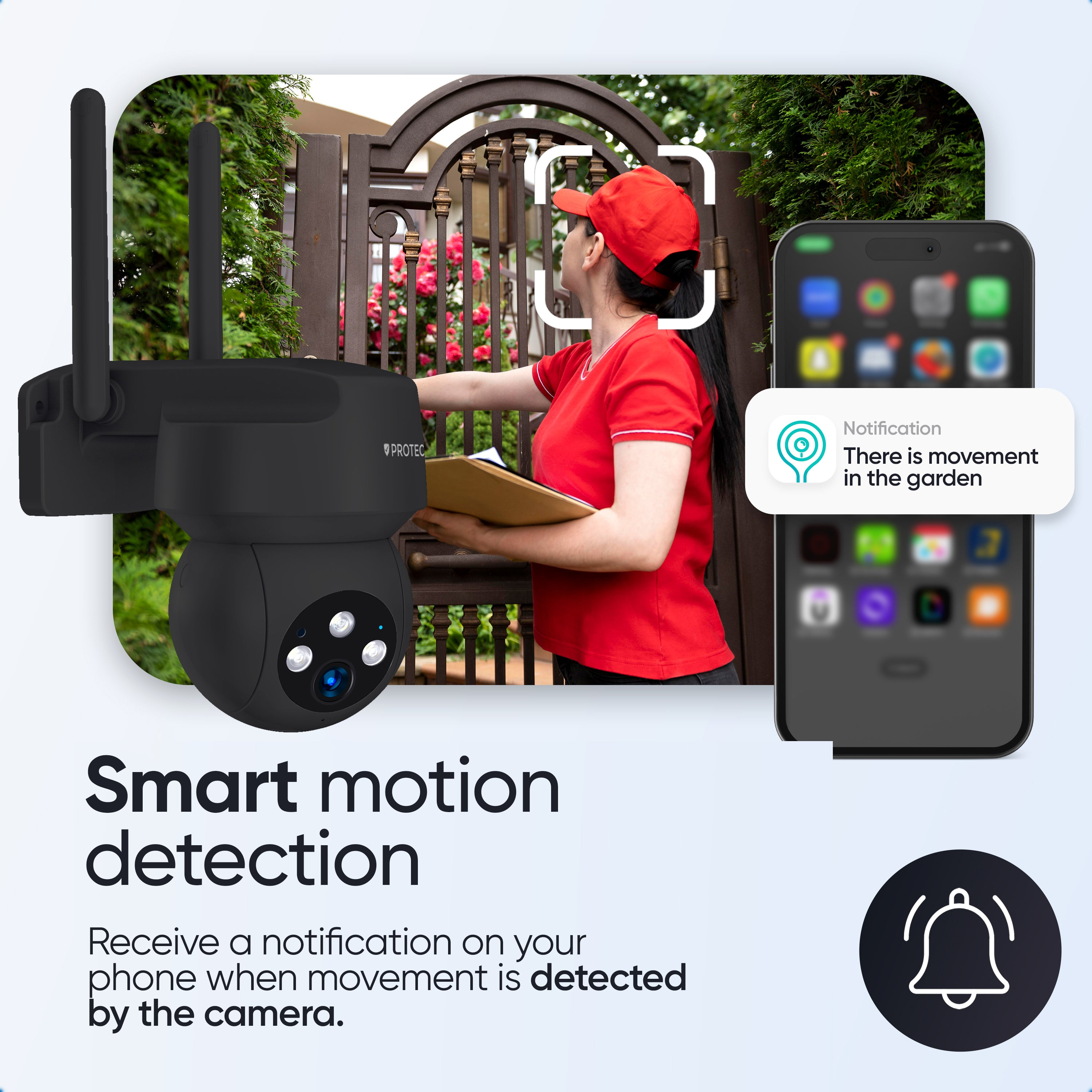 Beveiligingscamera en smartphone tonen bewegingsmelding van persoon bij tuinpoort.