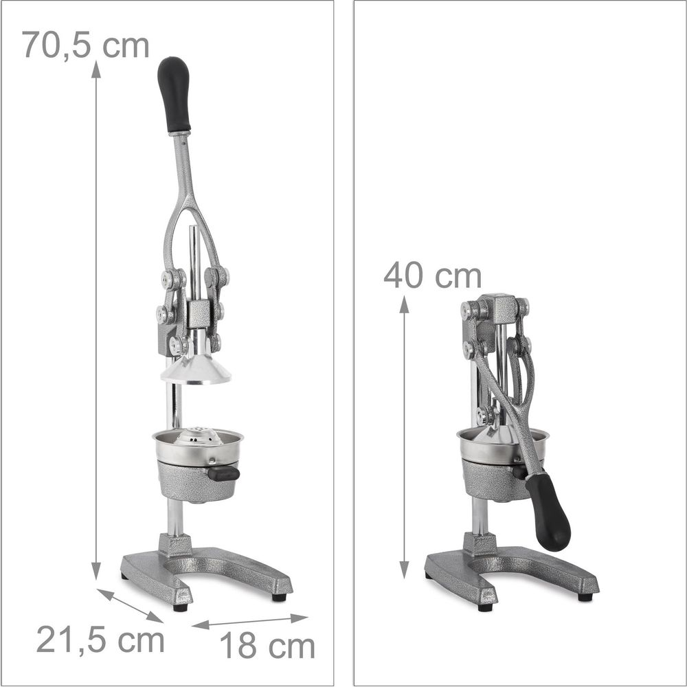 Technische Zeichnung mit Maßangaben einer silbernen Zitruspresse mit Hebel.