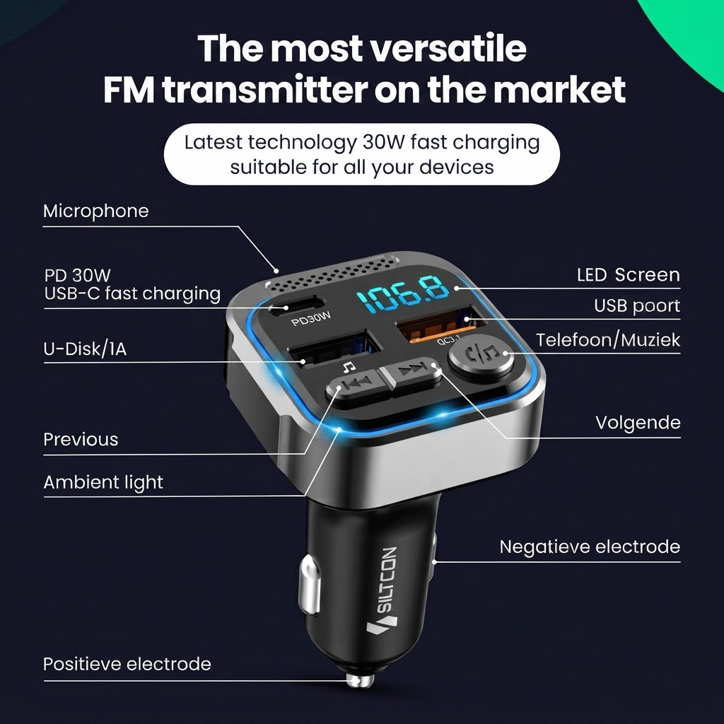 Ein Auto-FM-Transmitter mit USB-Anschlüssen, LED-Bildschirm und beschrifteten Funktionen wie 30W Schnellladen.