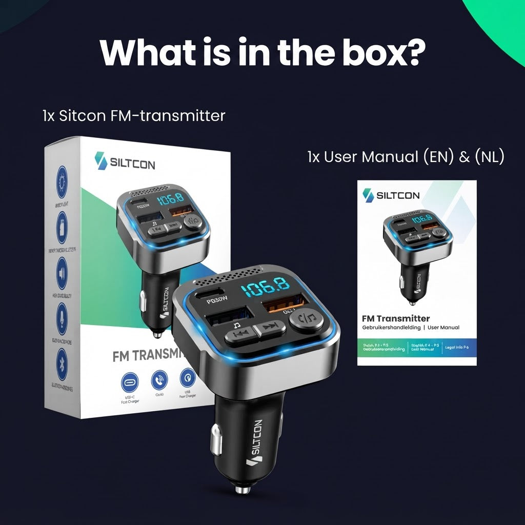 Produktinhalt: Ein Siltcon FM-Transmitter und eine Bedienungsanleitung auf Englisch und Niederländisch.
