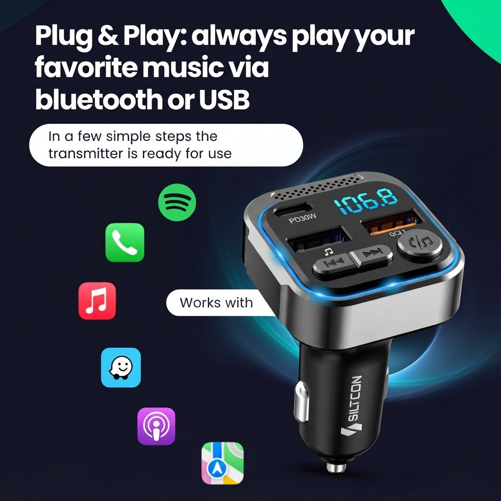 Bluetooth-FM-Transmitter für Autos mit USB-Anschlüssen, digitalem Display und Musik-App-Symbolen.