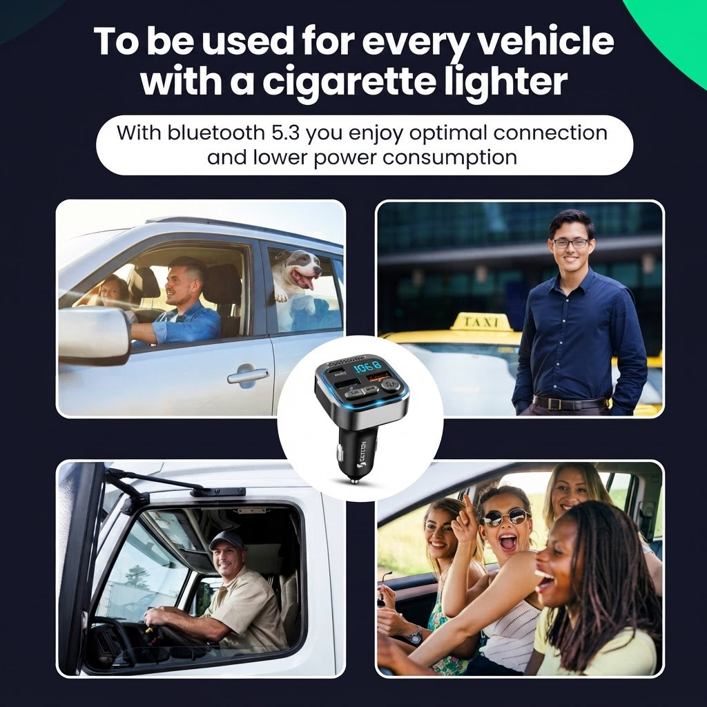 Bluetooth-Autoadapter für Fahrzeuge mit Zigarrenanzünder, mit Produkt und verschiedenen Fahrern.