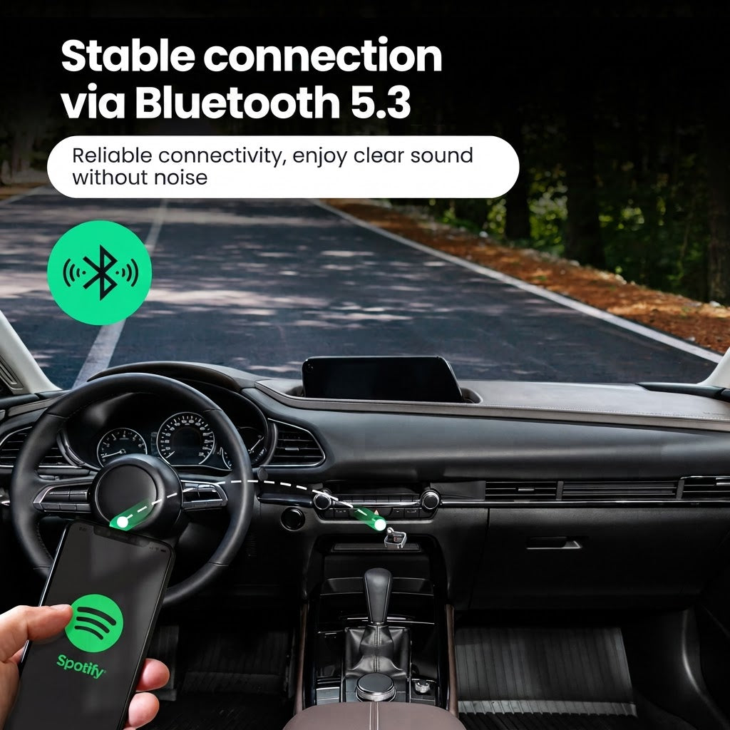 Autoinnenraum mit Smartphone, das Spotify über Bluetooth abspielt, Text über stabile Verbindung.