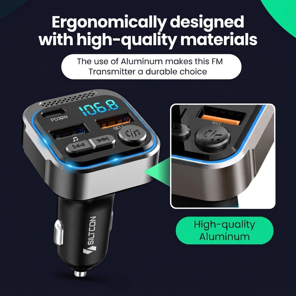 Ein silberner und schwarzer FM-Transmitter für Autos mit Aluminiumgehäuse, Digitaldisplay und USB-Anschlüssen.