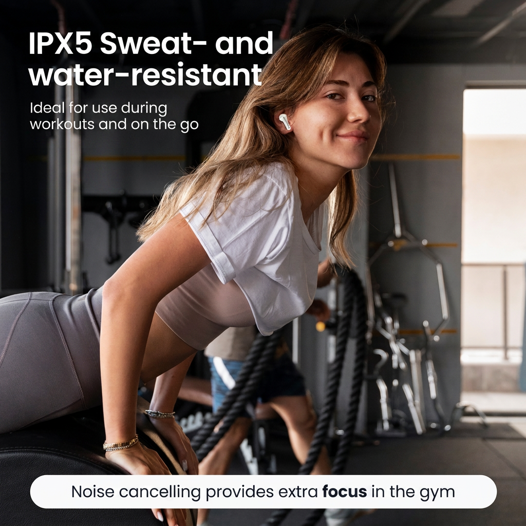 Eine junge Frau mit Ohrhörern trainiert in einem Fitnessstudio, umgeben von Trainingsgeräten.
