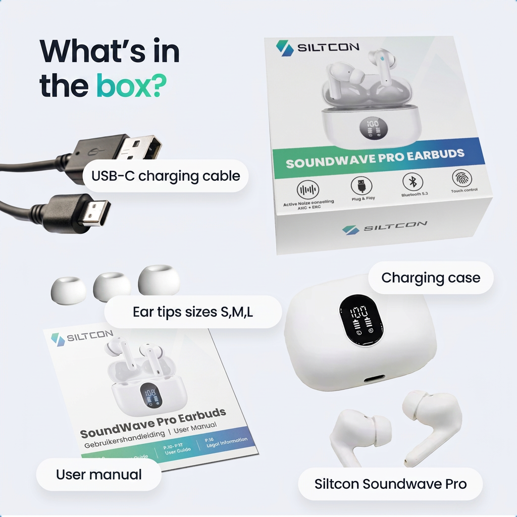 Verpackungsinhalt für Siltcon Soundwave Pro Ohrhörer: Box, Ladecase, Kabel, Ohrstöpsel und Handbuch.