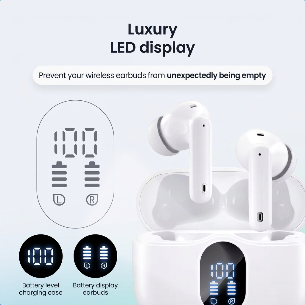 Luxuriöse LED-Anzeige zeigt den Akkustand des Ladecase und der weißen Ohrhörer an.