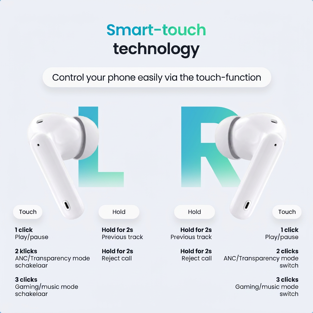 Infografik zeigt Smart-Touch-Steuerung für weiße kabellose Ohrhörer mit Erklärungen.