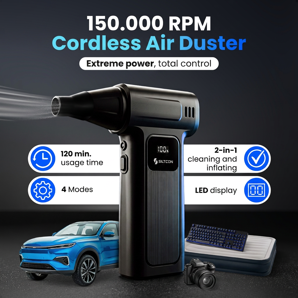 Un dépoussiéreur d'air sans fil noir avec écran LED et accessoires pour voiture, clavier et matelas.