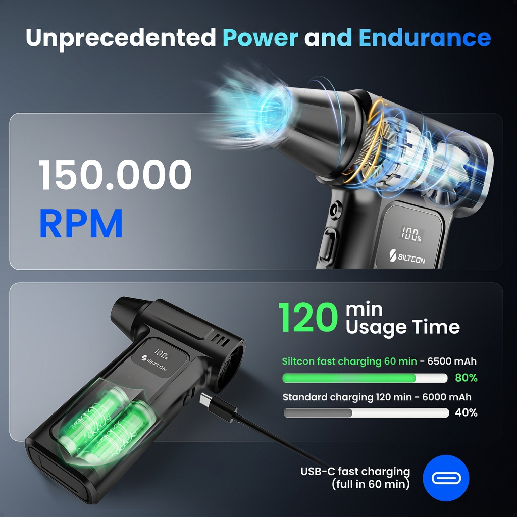 Un mini dépoussiéreur noir avec 150 000 tr/min, 120 min d'autonomie, vue de la batterie interne et charge rapide USB-C.