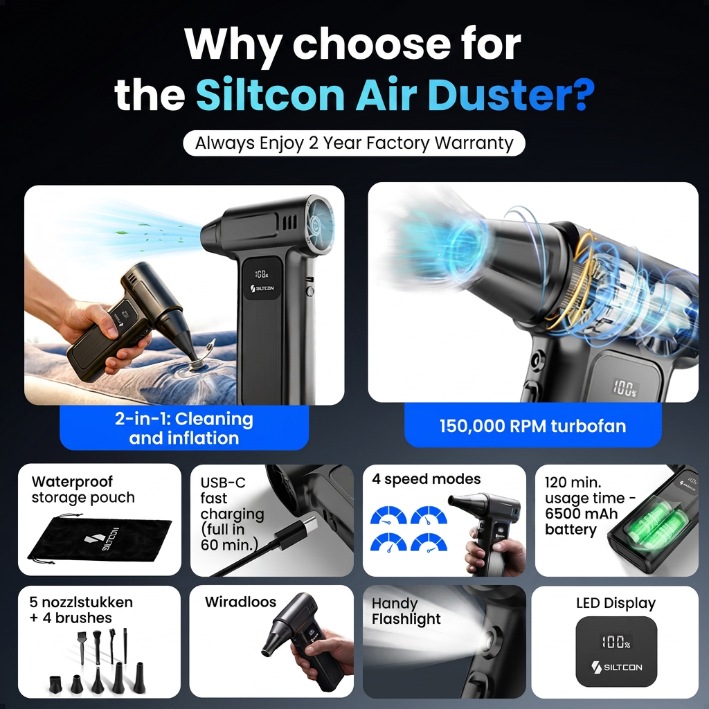 Une publicité pour le Siltcon Air Duster montrant ses caractéristiques comme le turboventilateur.